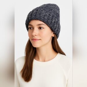 Chunky Knit Winter Beanie One Size Dark Blue Gray Marled Thick Ribbed Cozy Warm